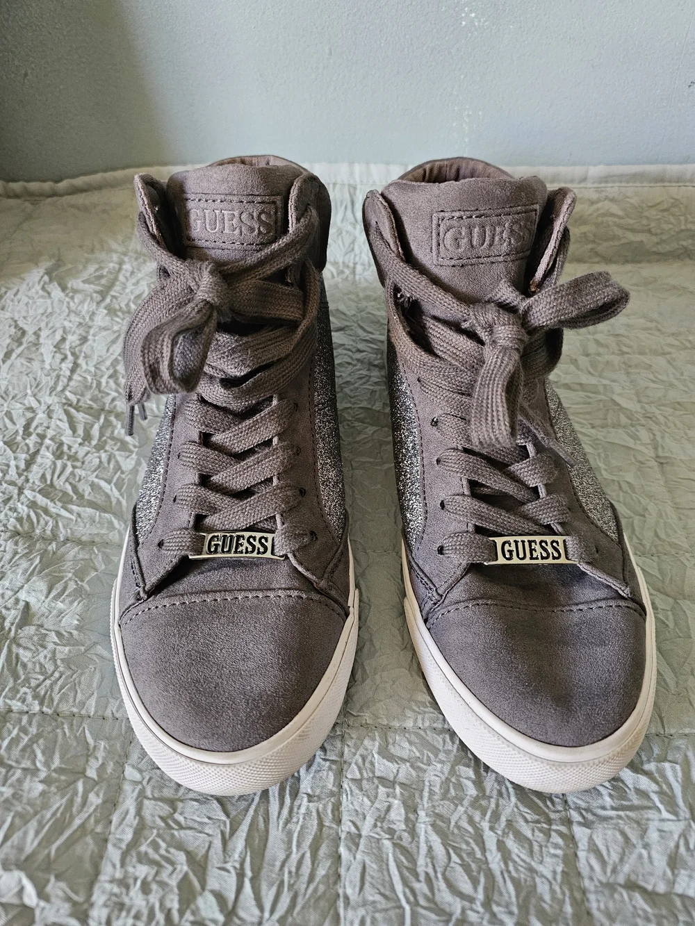 GUESS Taupe Glitter-Panel High-Top Women's Sneakers